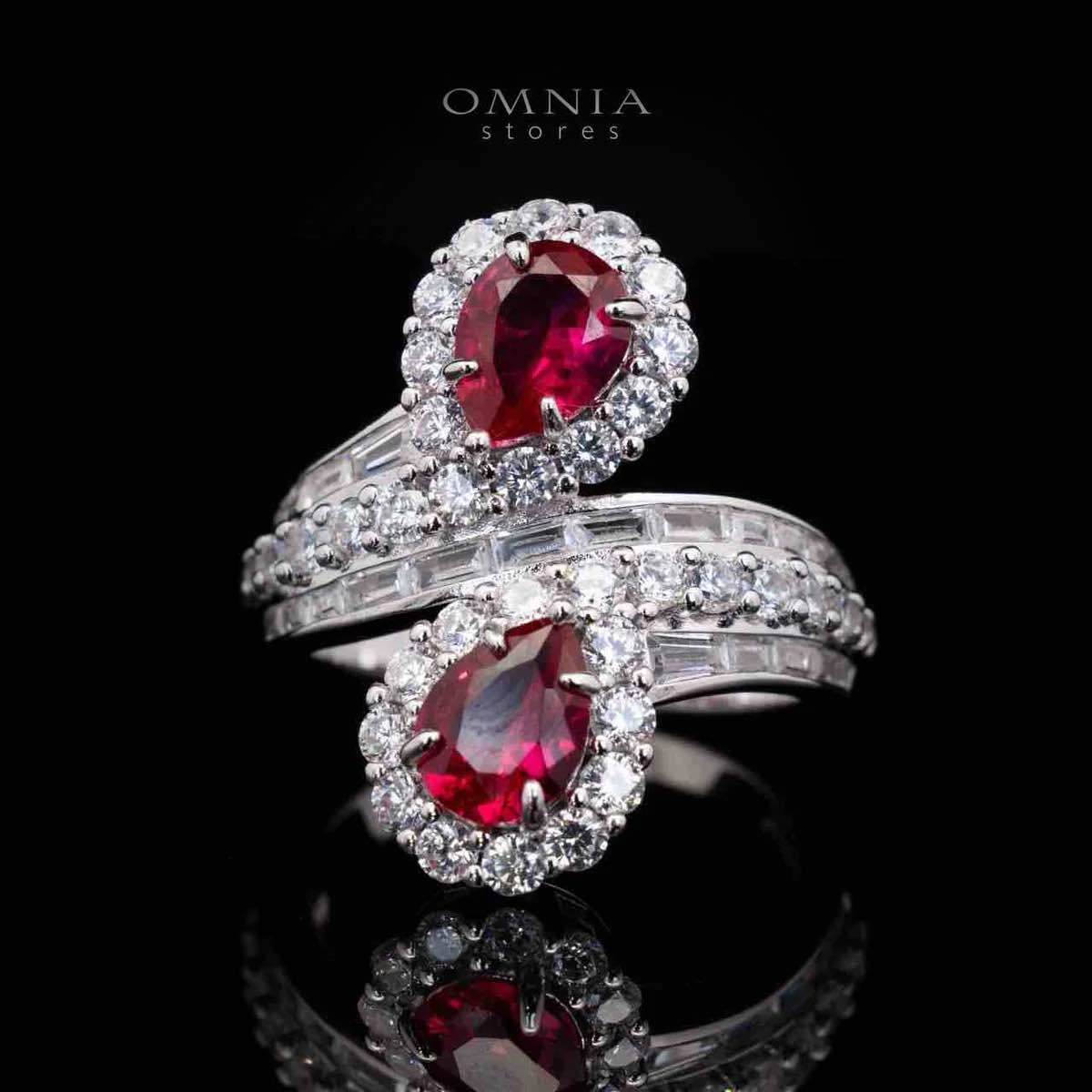 Isabell Red and White Pear Cut Ring in 925 Silver With High Quality Simulated Diamonds