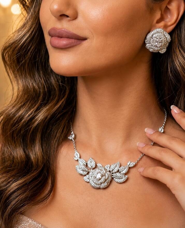 Eiza Rose Leaf Necklace In 925 Silver With High Quality Simulated Diamonds