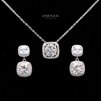 Imelda White Moissanite Double Cushion Halo Pendant Necklace and Drop Earrings Set in 925 Sterling Silver