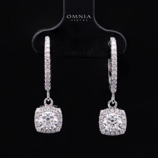 Claudia White Moissanite Cushion Halo Drop Hoop Earrings with GRA Certificate – 5mm (0.5ct), Rhodium-Plated 925 Sterling Silver