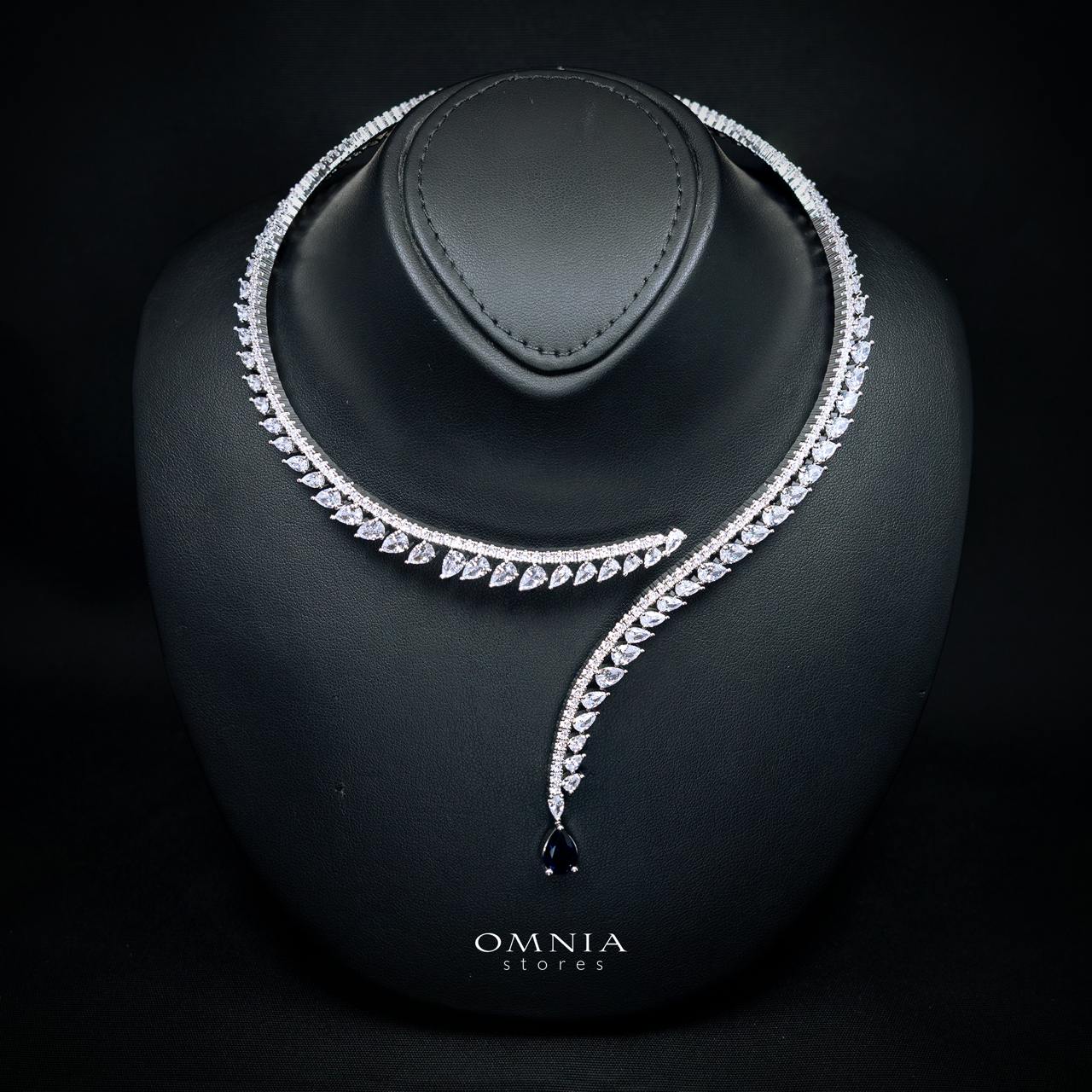 Catalina Elegant Blue Cascading Leaf Drop Bridal Full Set with High-Quality Premium Zircon Stones, Rhodium-Plated Finish - Image 3