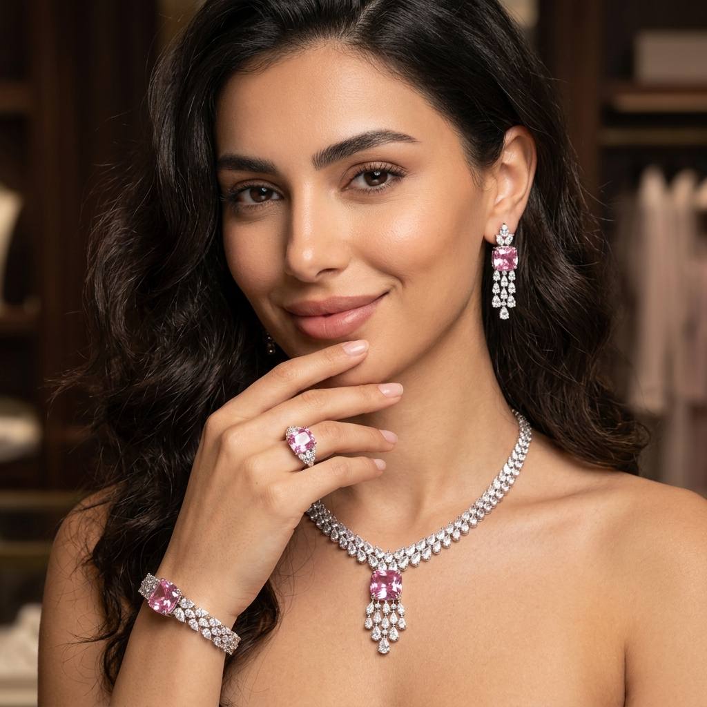 Nazaha Bridal Full Set in Rhodium Plated with High Quality White and Pink Zircon Stones - Image 3