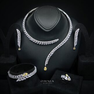 Catalina Elegant Yellow Cascading Leaf Drop Bridal Full Set with High-Quality Premium Zircon Stones, Rhodium-Plated Finish