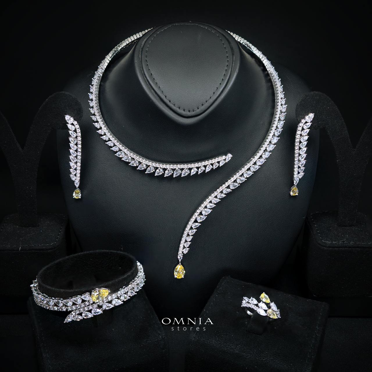 Catalina Elegant Yellow Cascading Leaf Drop Bridal Full Set with High-Quality Premium Zircon Stones, Rhodium-Plated Finish - Image 3