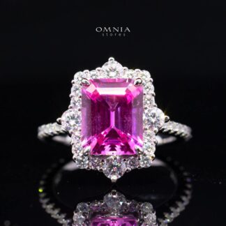 Nuwaira Lab-Grown Pink Sapphire Emerald-Cut Ring (8x11mm) with GRC Certificate in 925 Sterling Silver