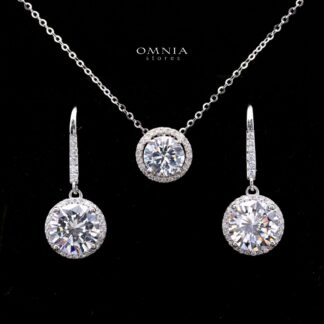 Arlette Halo Round Cut Necklace and Earrings Set in 925 Sterling Silver with Premium Simulated Diamonds