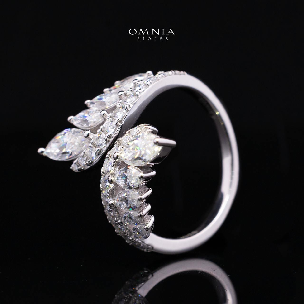 Josephine White Moissanite Marquise Leaf Cluster Double Curve Open Ring – Rhodium-Plated 925 Sterling Silver - Image 4