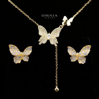 Kapri Gold Butterfly Motif Necklace and Earrings Set in 925 Sterling Silver with Premium Simulated Diamonds
