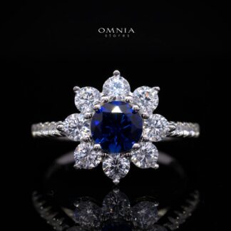 Henrietta Lab-Grown Blue Sapphire Ring with GRC Certificate, Round 5mm in 925 Sterling Silver