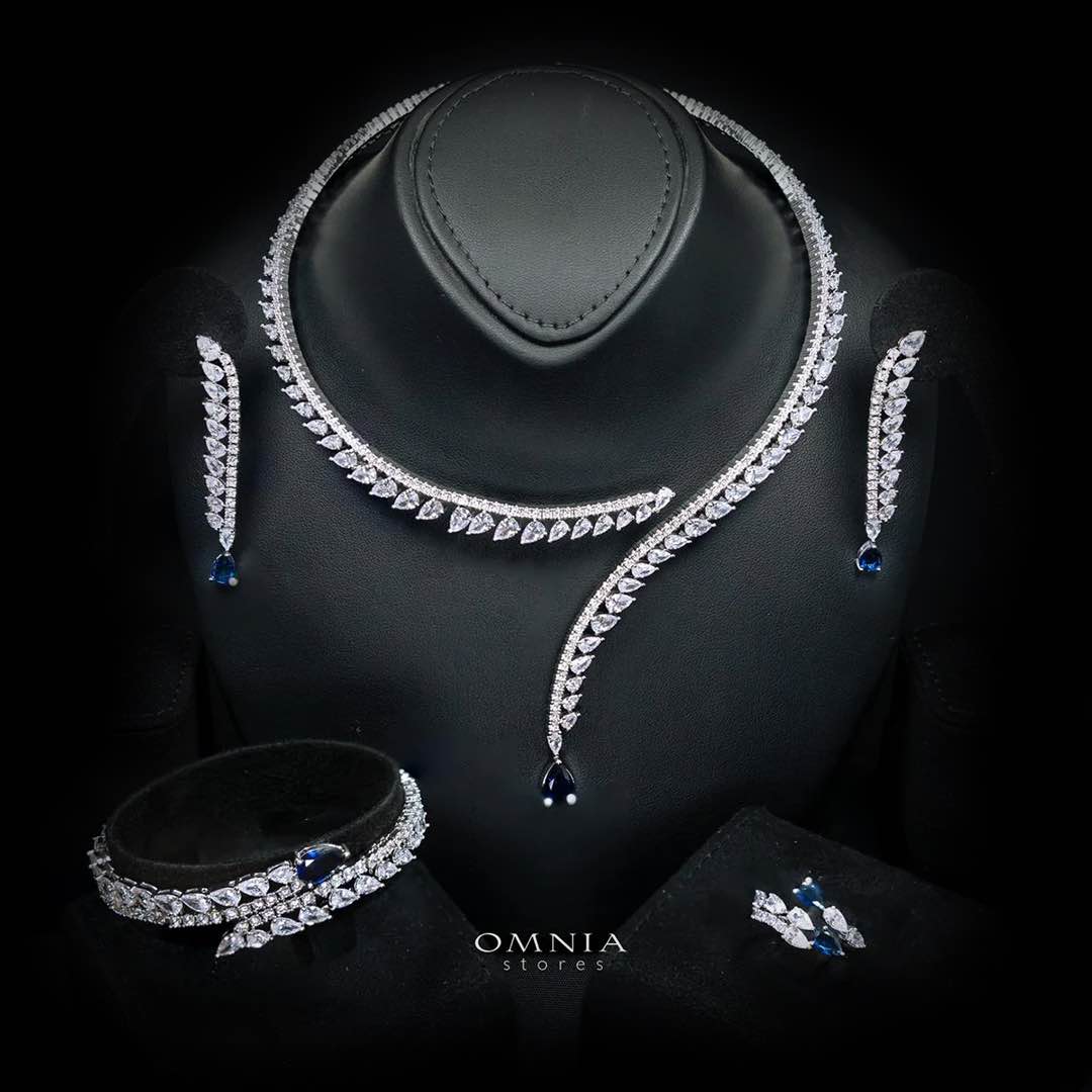 Catalina Elegant Blue Cascading Leaf Drop Bridal Full Set with High-Quality Premium Zircon Stones, Rhodium-Plated Finish - Image 4