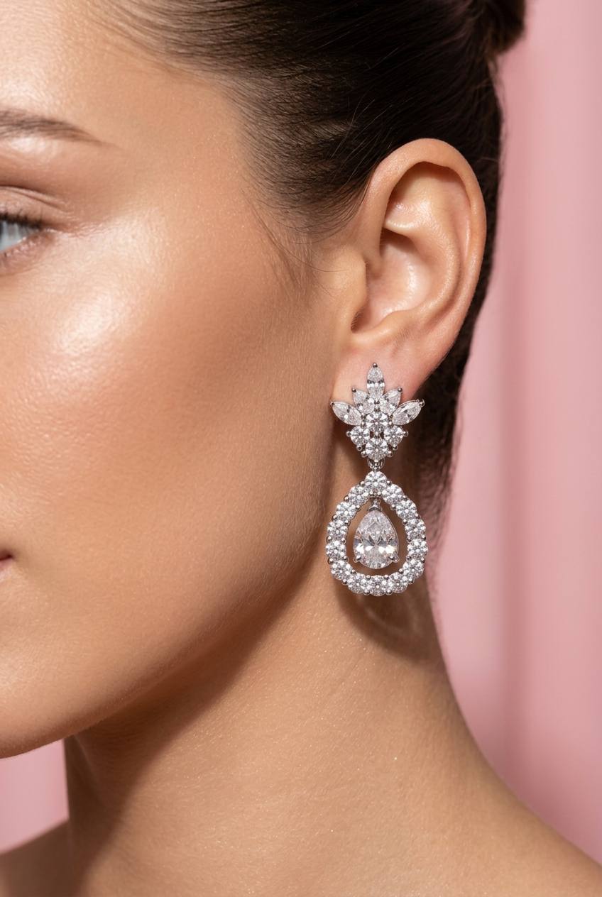Laniyah White Moissanite Floral Halo Drop Earrings with GRA Certificate – 5x7mm Pear Cut, Rhodium-Plated 925 Sterling Silver - Image 3