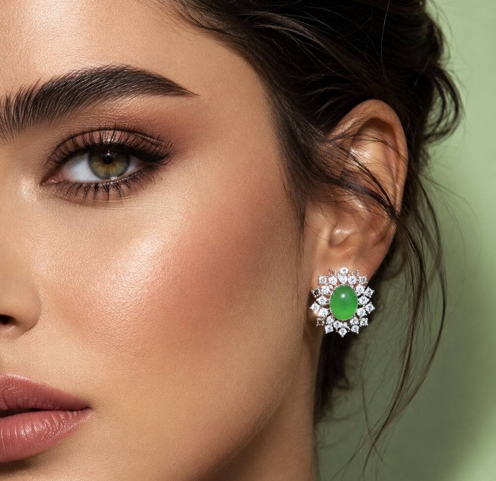 Omnia Dina White and Green Floral Stud Earrings In 925 Silver With High Quality Lab Crafted Stones - Image 2