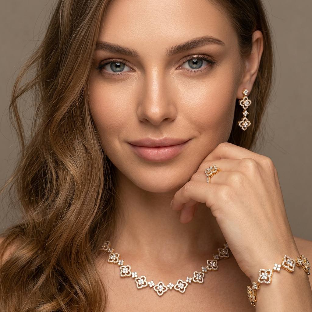 Zynah Gold Luxury Bridal Full Set Accessories in High Quality Zircon Stone, Rhodium Plated