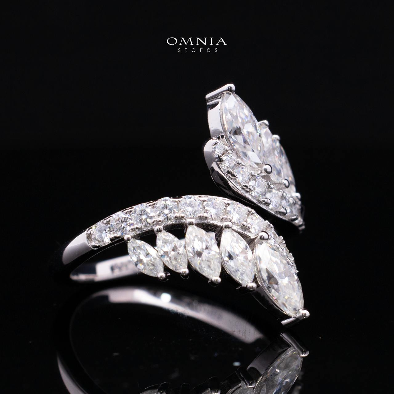 Josephine White Moissanite Marquise Leaf Cluster Double Curve Open Ring – Rhodium-Plated 925 Sterling Silver - Image 3