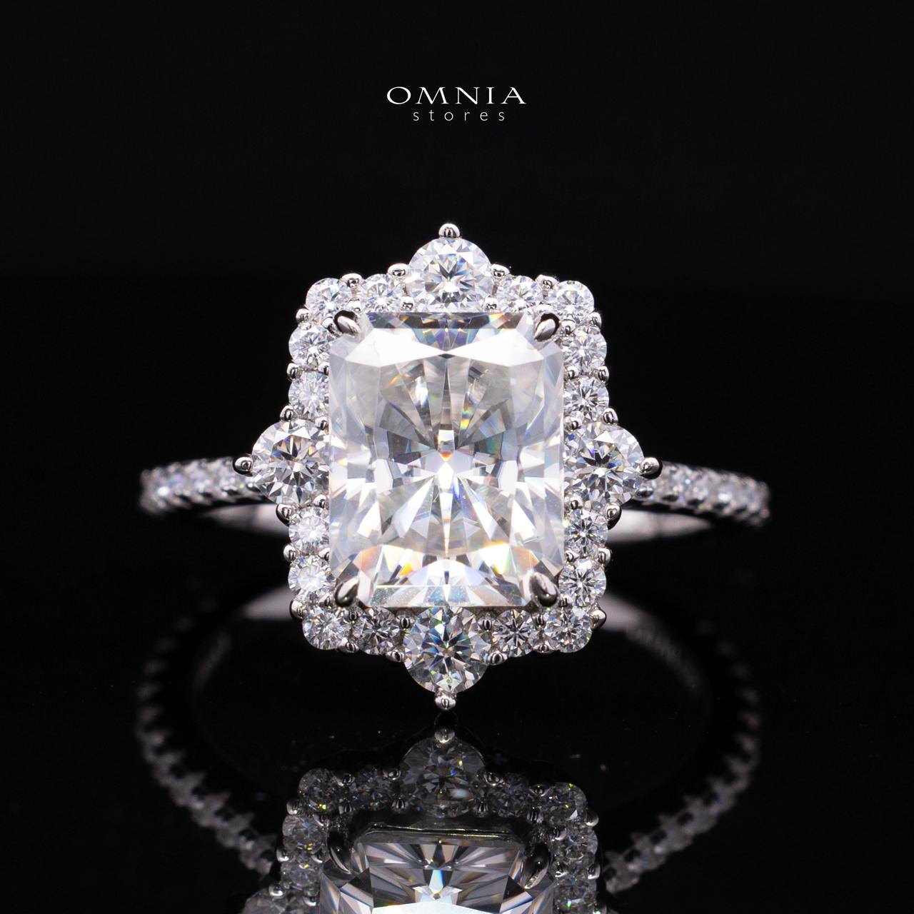Nuwaira White Moissanite Radiant Halo Ring with Pavé Band – GRA Certified, 8x10mm (4ct), Rhodium-Plated 925 Sterling Silver