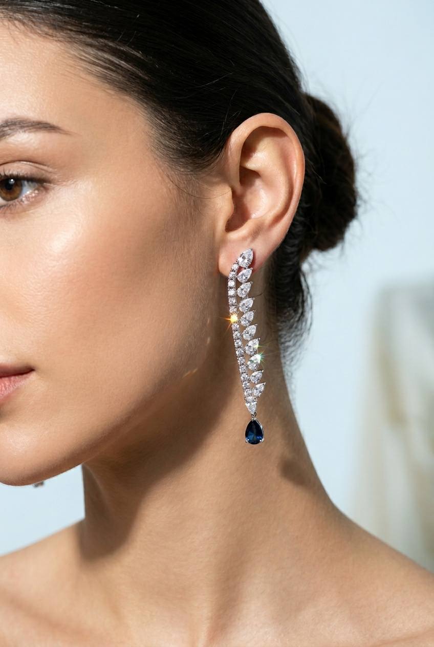 Catalina Elegant Blue Cascading Leaf Drop Bridal Full Set with High-Quality Premium Zircon Stones, Rhodium-Plated Finish - Image 9