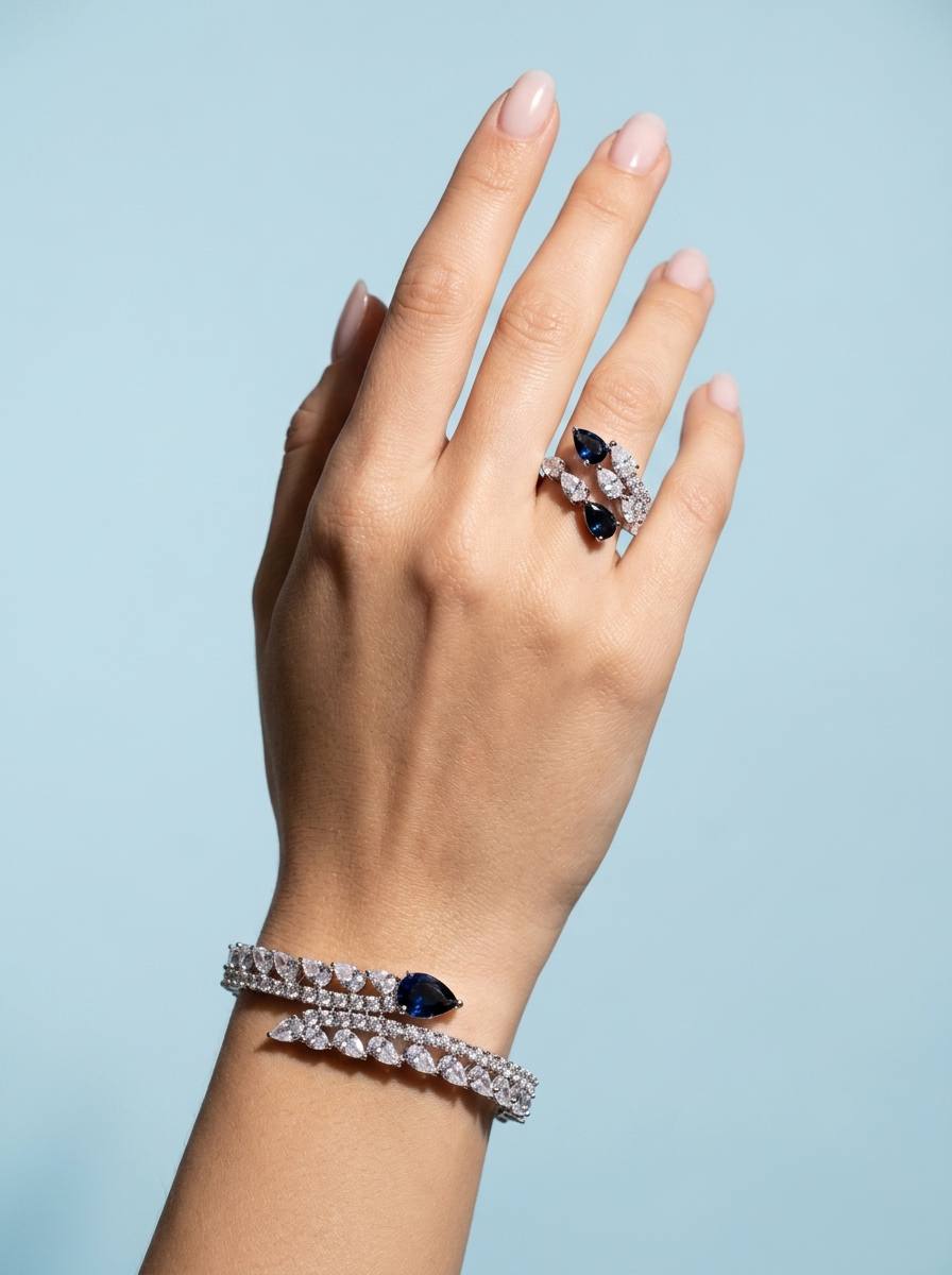 Catalina Elegant Blue Cascading Leaf Drop Bridal Full Set with High-Quality Premium Zircon Stones, Rhodium-Plated Finish - Image 7