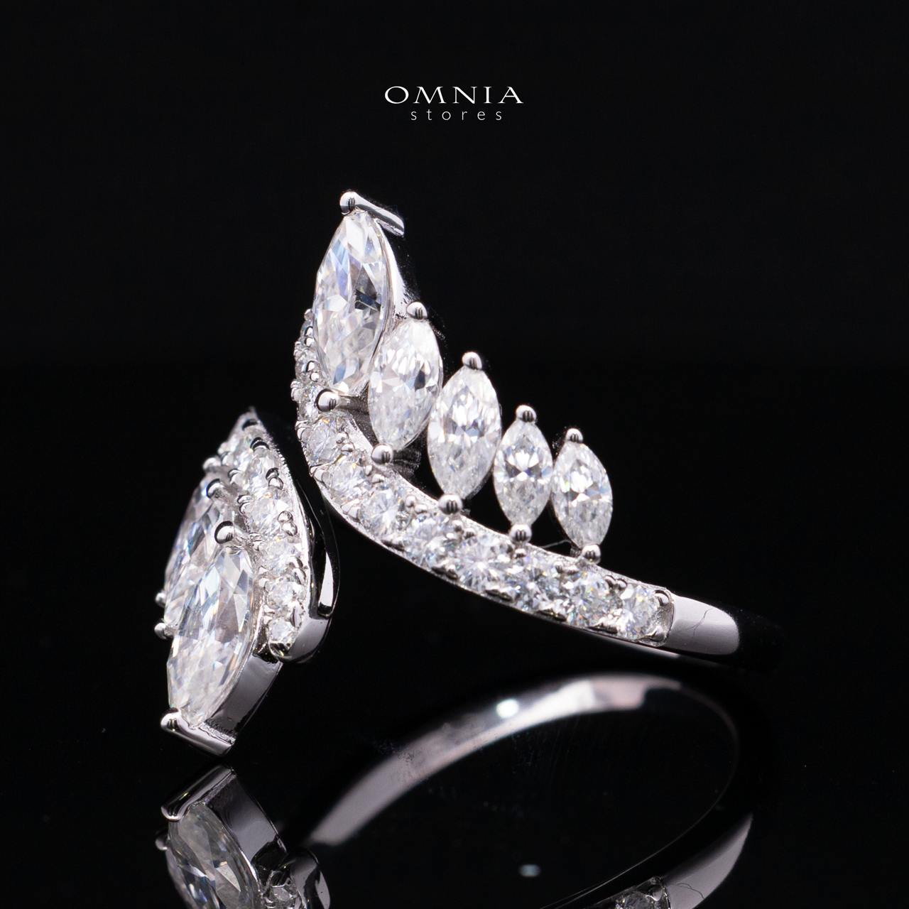 Josephine White Moissanite Marquise Leaf Cluster Double Curve Open Ring – Rhodium-Plated 925 Sterling Silver - Image 2