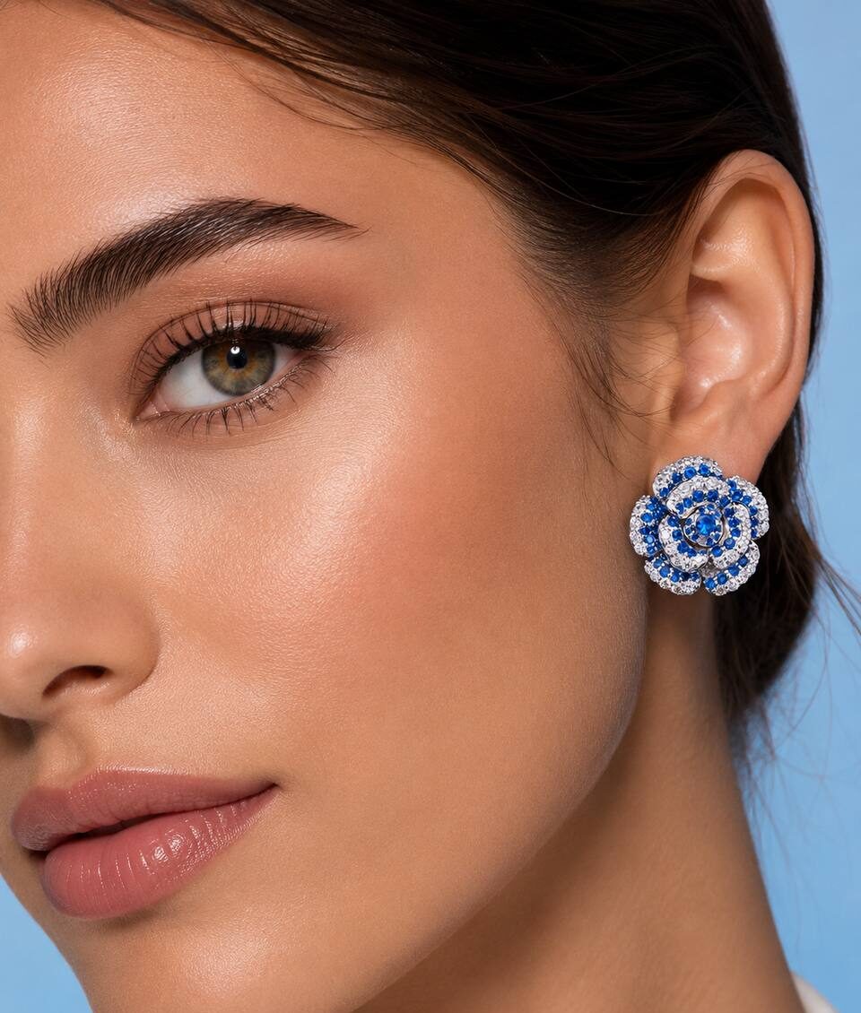 Safiyah Blue Rose Stud Earrings 925 Sterling Silver | Premium Brilliant-Cut Simulated Diamonds - Image 2