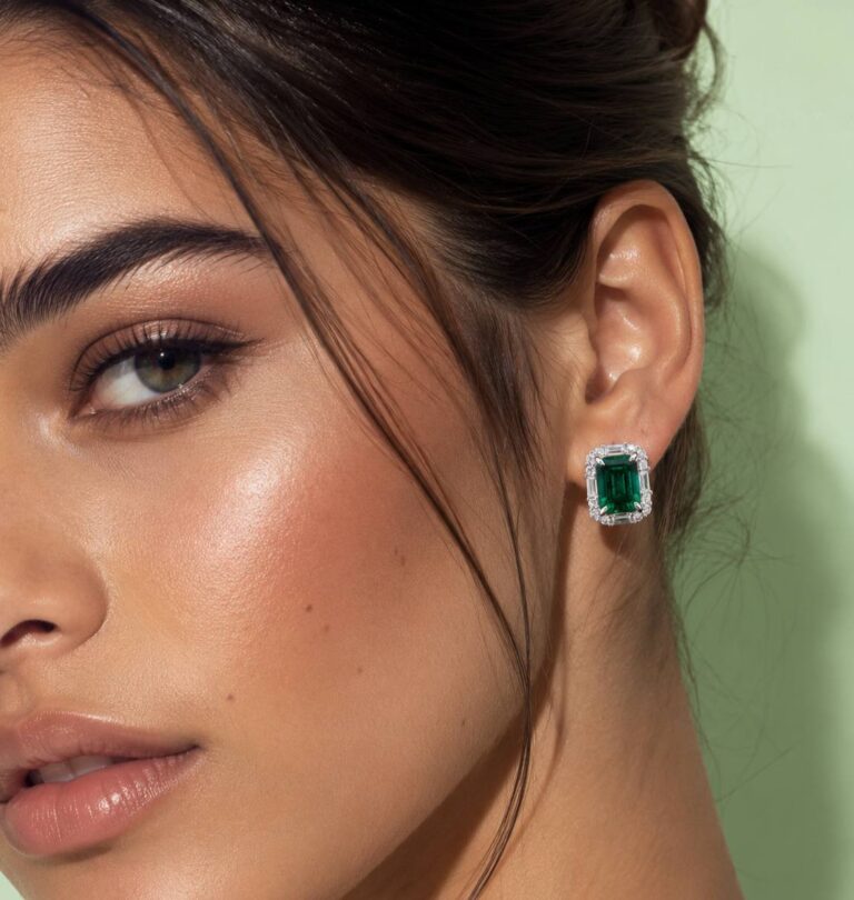 Aubrianna Synthetic Green Stone Earrings, Emerald Cut 6×8mm, in 925 Sterling Silver - Image 2