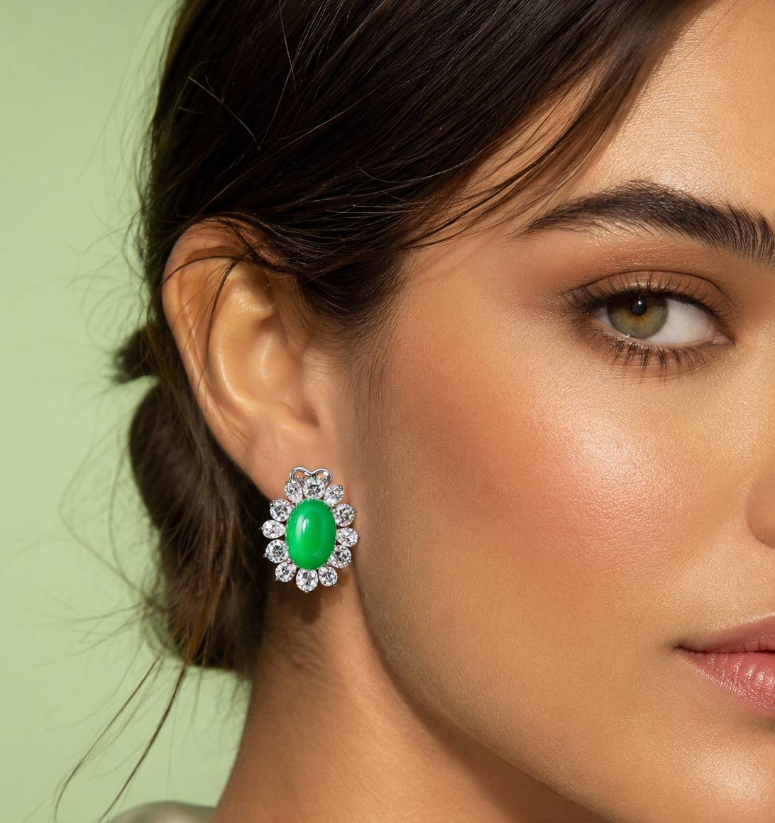Omnia Nadia Green and White Silver Stud Earrings in 925 Silver High Quality Simulated Diamond Stones - Image 2