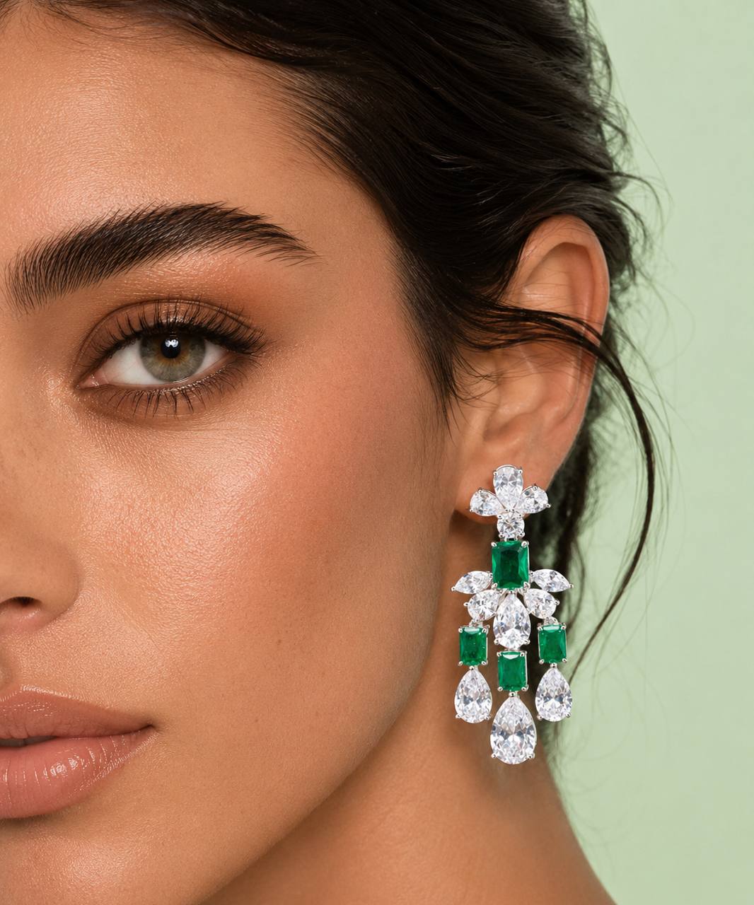 Omnia Ranim White and Green Floral Drop Earrings With High Quality Simulated Diamonds In 925 Silver - Image 2