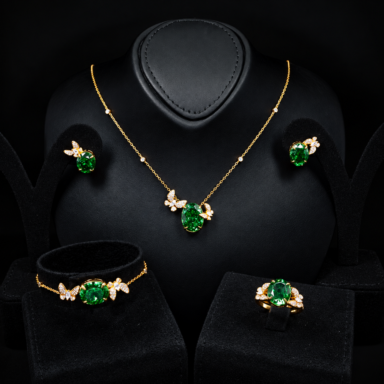 Omnia Maysun Green Gold Plated Full Set In 925 Silver High Quality Simulated Diamonds