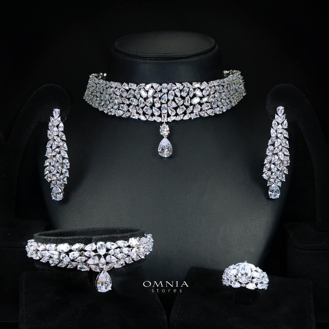 Omnia Nuray Luxury Bridal Full Set Accessories in High Quality Zircon Stone in Rhodium Plated - Image 3