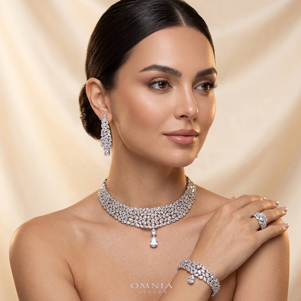 Omnia Nuray Luxury Bridal Full Set Accessories in High Quality Zircon Stone in Rhodium Plated - Image 2