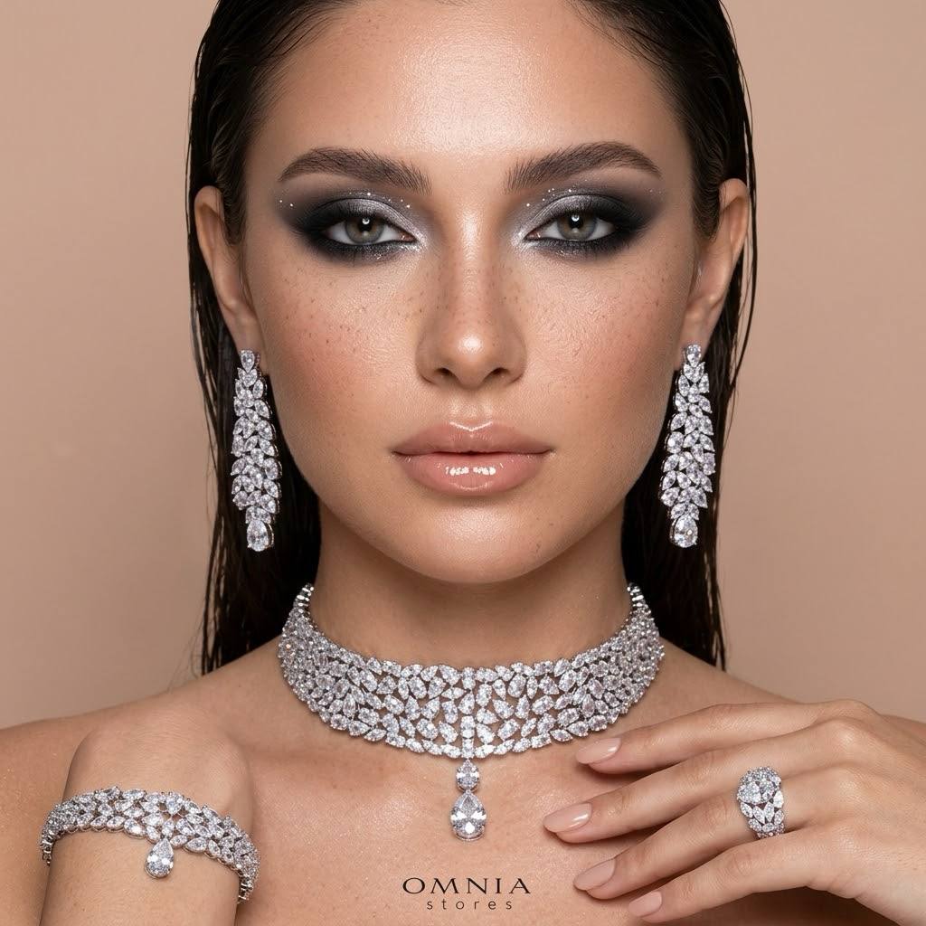 Omnia Nuray Luxury Bridal Full Set Accessories in High Quality Zircon Stone in Rhodium Plated - Image 5