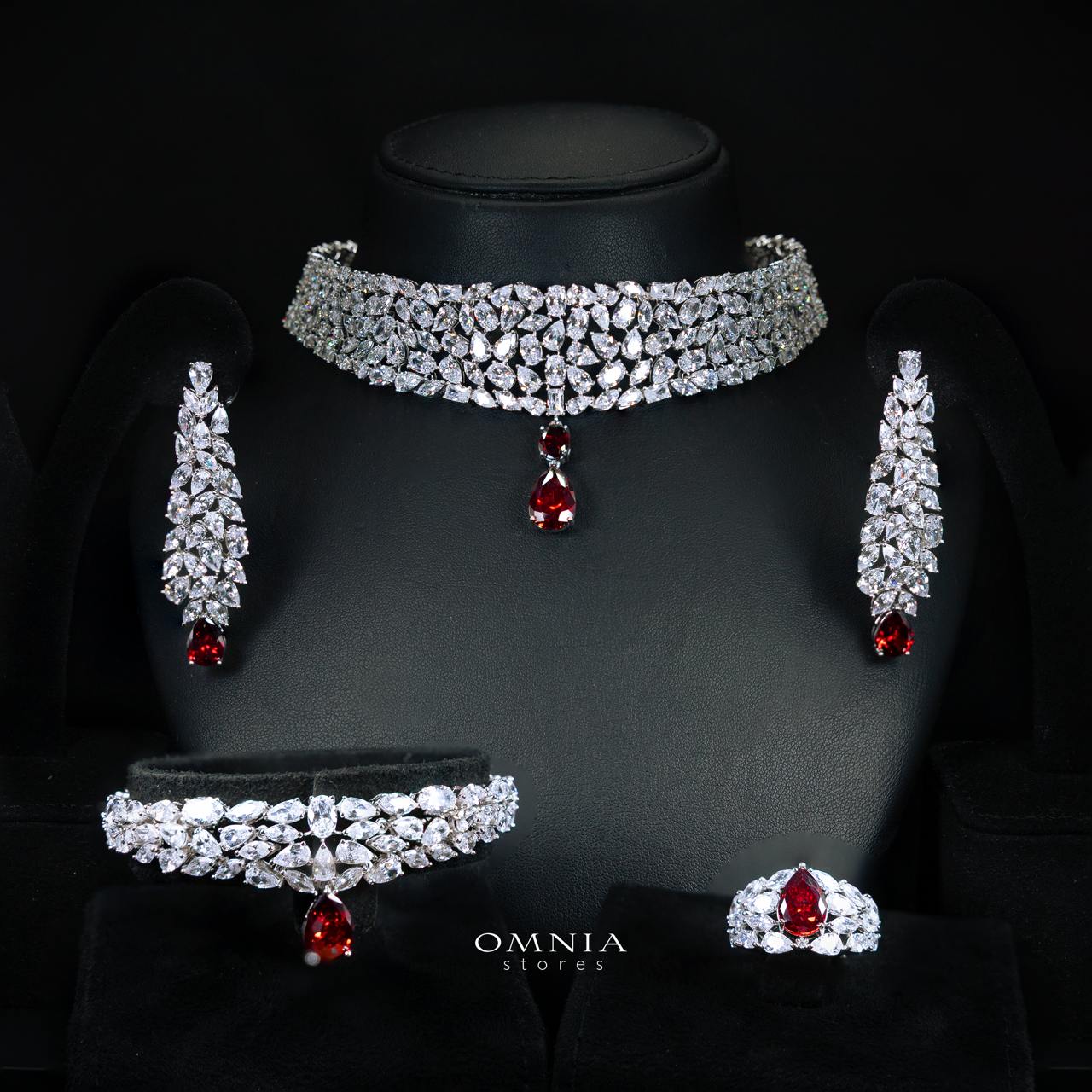 Omnia Nuray Red Luxury Bridal Full Set Accessories in High Quality Zircon Stone in Rhodium Plated - Image 3