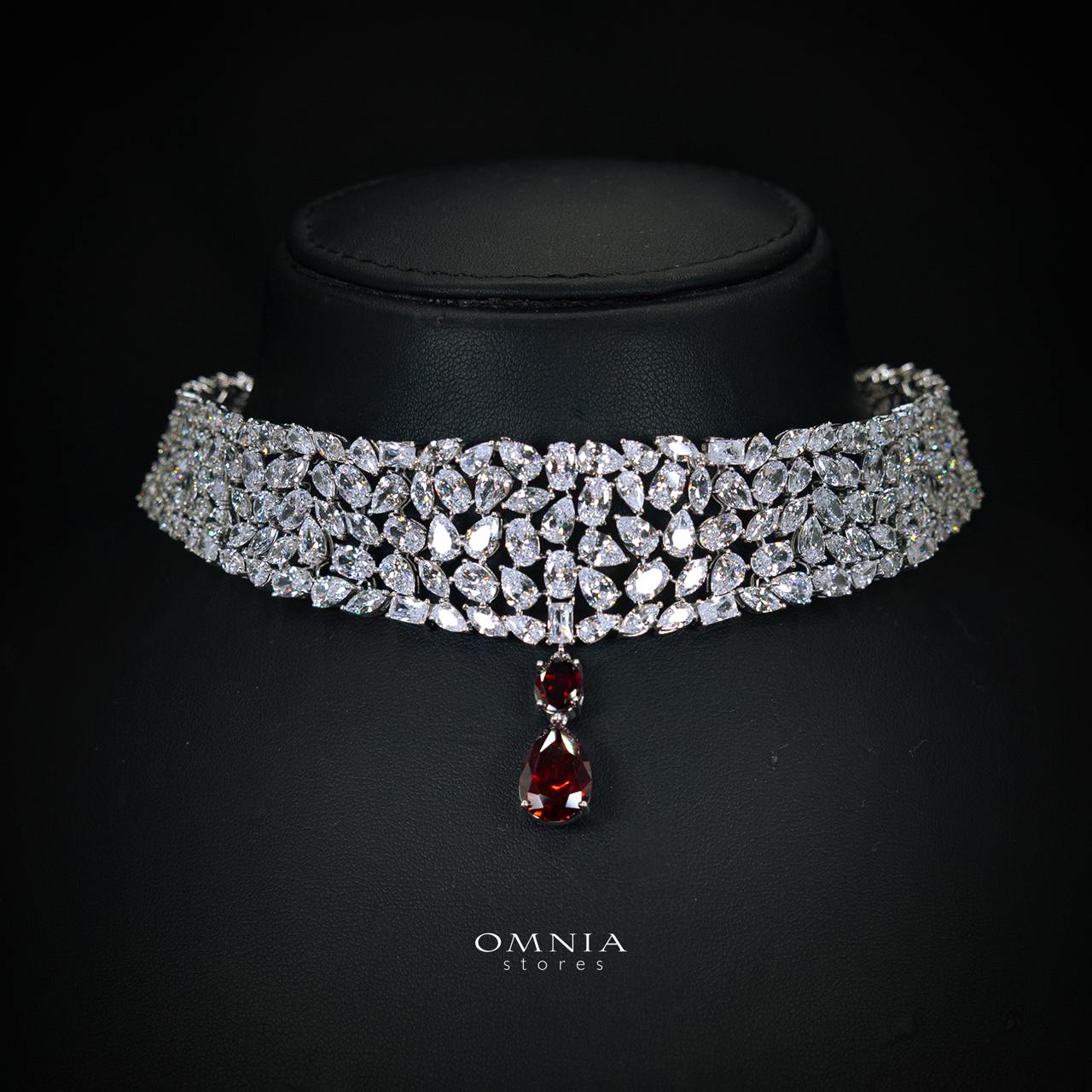 Omnia Nuray Red Luxury Bridal Full Set Accessories in High Quality Zircon Stone in Rhodium Plated - Image 2