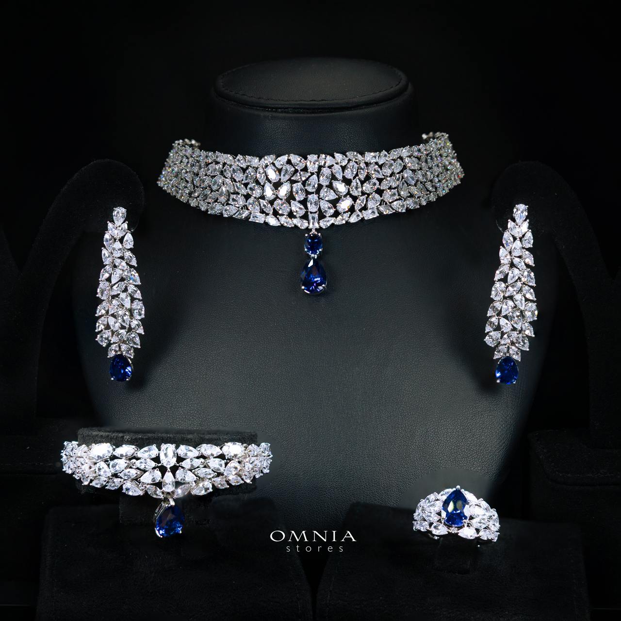 Omnia Nuray Blue Luxury Bridal Full Set Accessories in High Quality Zircon Stone in Rhodium Plated