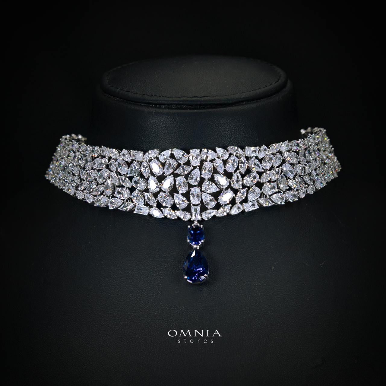 Omnia Nuray Blue Luxury Bridal Full Set Accessories in High Quality Zircon Stone in Rhodium Plated - Image 2