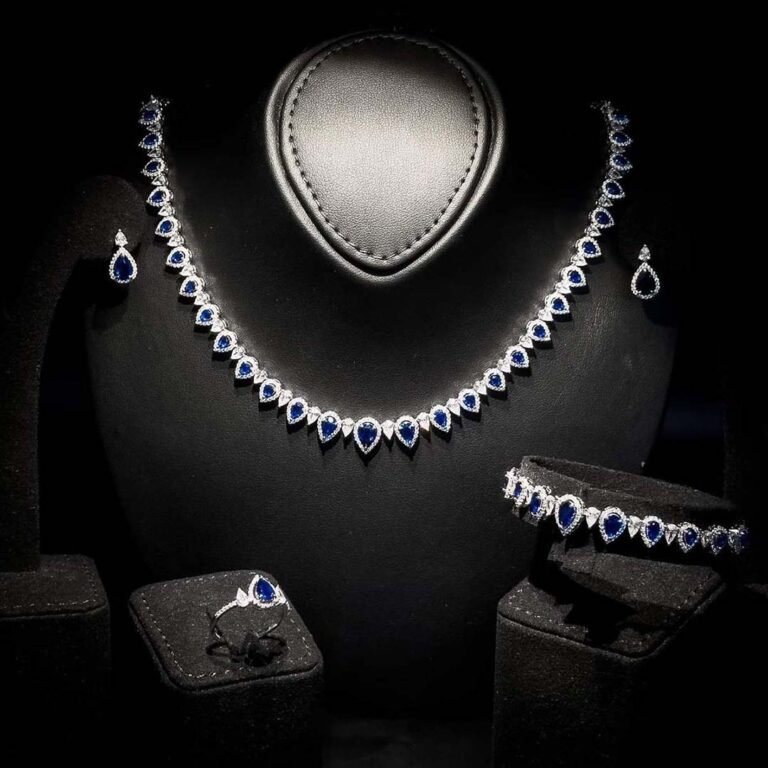 Sundus Blue Bridal Full Set – Premium Rhodium Plated with High-Quality Zircon Stones