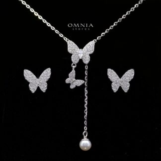 Daniella Butterfly Necklace with Pearl Drop & Earrings Set in 925 Sterling Silver with Premium Simulated Diamonds
