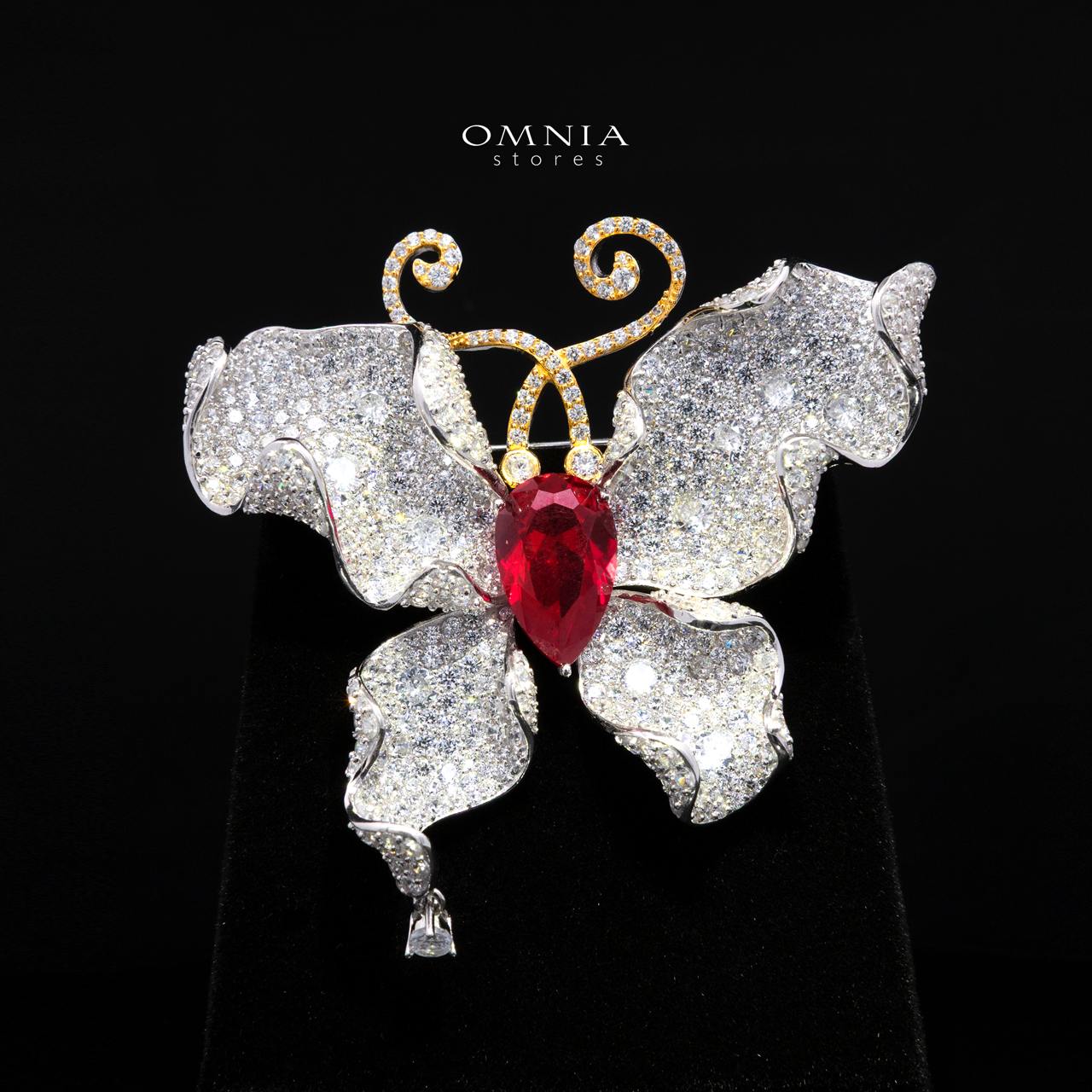 Aylani Red Butterfly Brooch with Premium Simulated Diamonds in 925 Sterling Silver