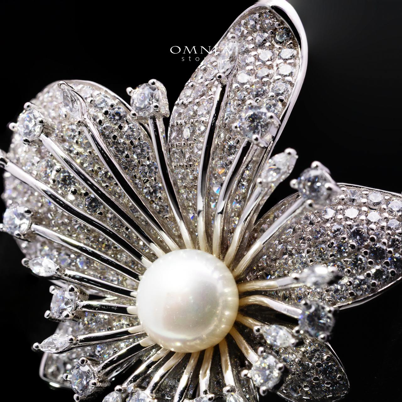 Eryndra White Pearl Flower Brooch with Premium Simulated Diamonds in 925 Silver - Image 2