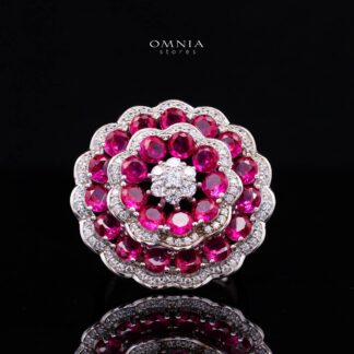 Omnia Nayeli Floral Halo Ring with Ruby Red Simulated Diamonds in 925 Silver