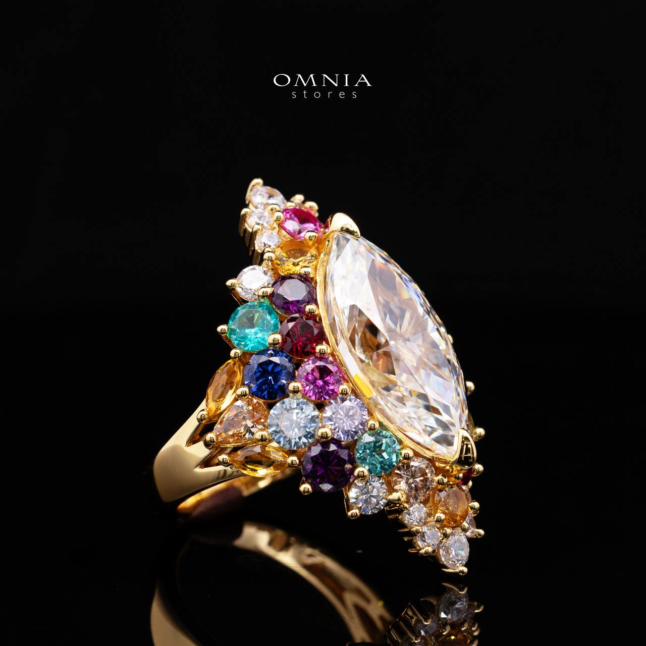 Azelene Royal Marquise Cut Ring with Simulated Diamonds, Multi-Color Crystals, and Certificate in 925 Sterling Silver - Image 3