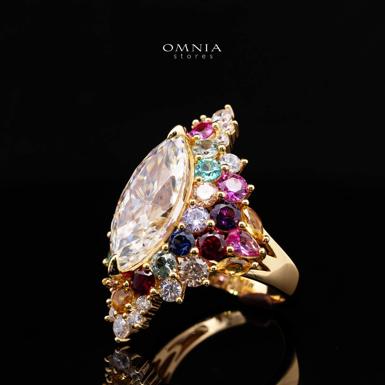 Azelene Royal Marquise Cut Ring with Simulated Diamonds, Multi-Color Crystals, and Certificate in 925 Sterling Silver - Image 2
