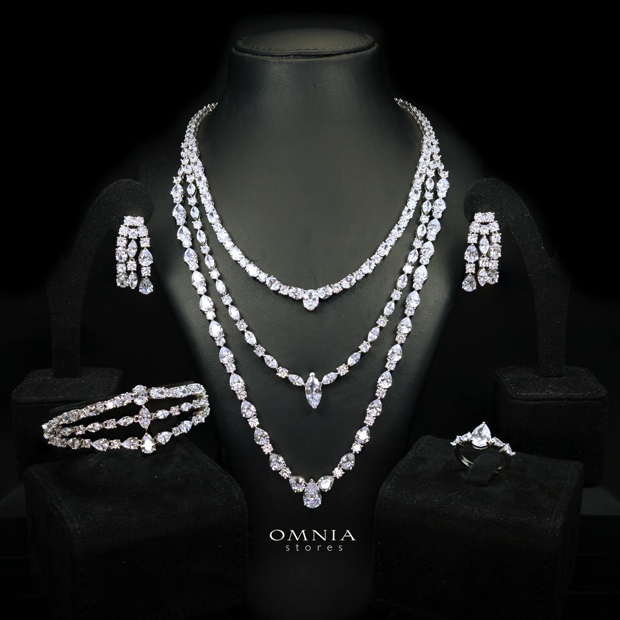 Evelisse White Luxury Full Set with Long Chain, High Quality Premium Simulated Diamond & Rhodium Plated Finish