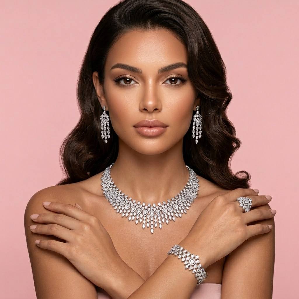 Alexa White Bridal Full Set – Premium Rhodium Plated with High-Quality Zircon Stones (16cm Bracelet and Size 7 ring, Only available in KSA) - Image 3