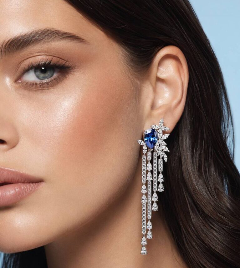 Abir Blue Drop Earrings with Premium Simulated Diamonds in 925 Sterling Silver - Image 2