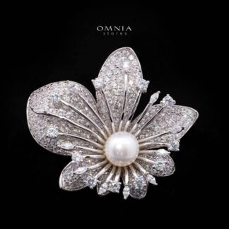 Eryndra White Pearl Flower Brooch with Premium Simulated Diamonds in 925 Silver