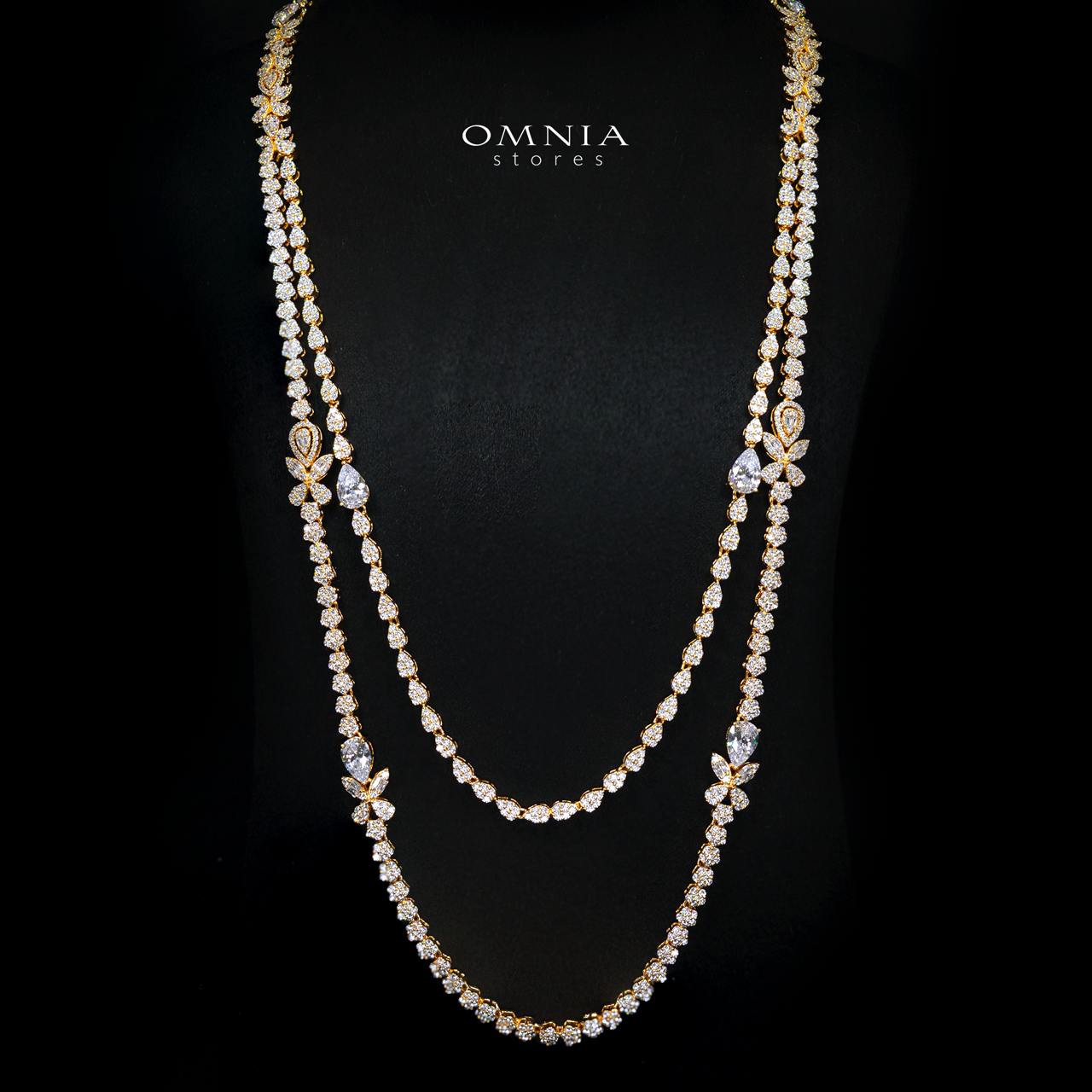 Omnia Yaza Bridal Gold Long chain Set High Quality Zircon Stone In Rhodium Plated (16cm only available in KSA) - Image 2