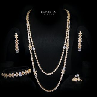 Omnia Yaza Bridal Gold Long chain Set High Quality Zircon Stone In Rhodium Plated (16cm only available in KSA)