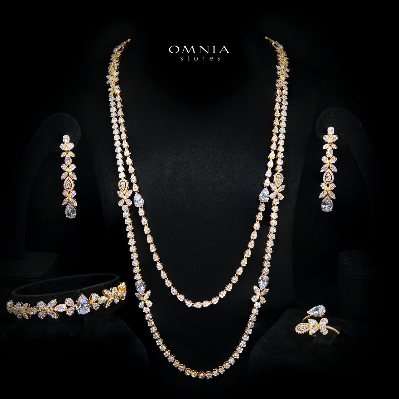 Omnia Yaza Bridal Gold Long chain Set High Quality Zircon Stone In Rhodium Plated (16cm only available in KSA)