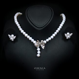 Elhamira Pearl Necklace and Earrings Set with High-Quality Premium Simulated Diamonds in 925 Sterling Silver