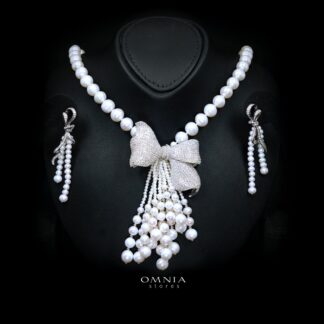 Mahzuna Pearl Necklace and Earrings Set with High-Quality Premium Simulated Diamonds in 925 Sterling Silver